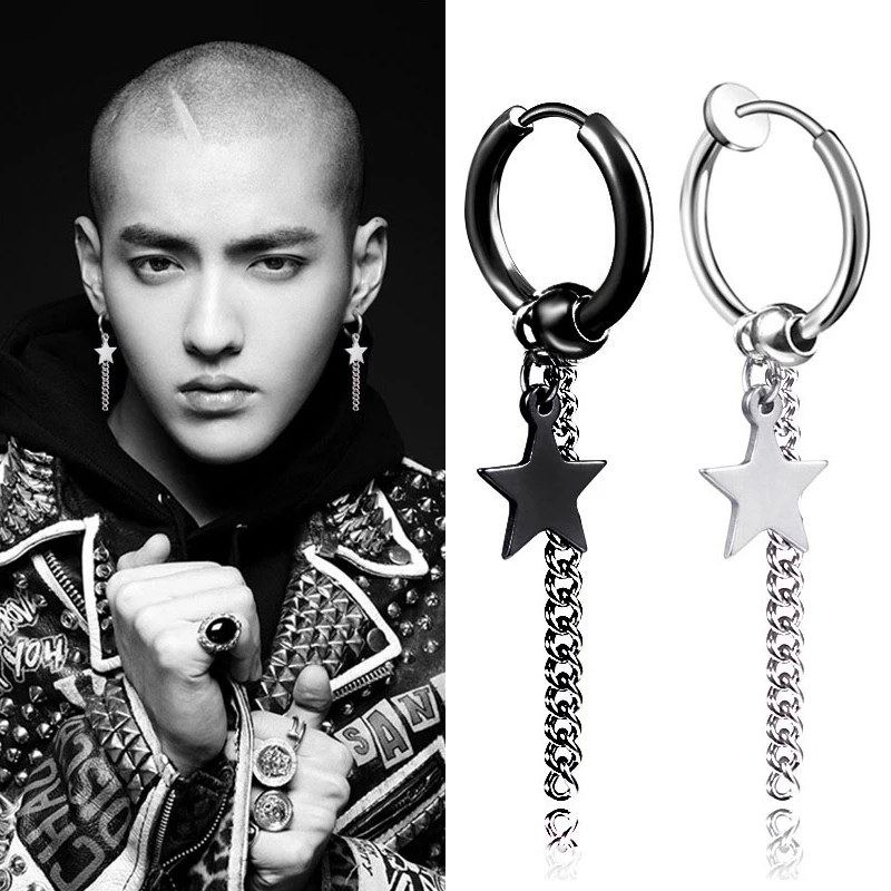 SOHOT Wholesale Chic Geometric New Unisex Titanium Star Stainless Steel Hoop Drop Earrings HipHop Punk Tassel Chain Man Party