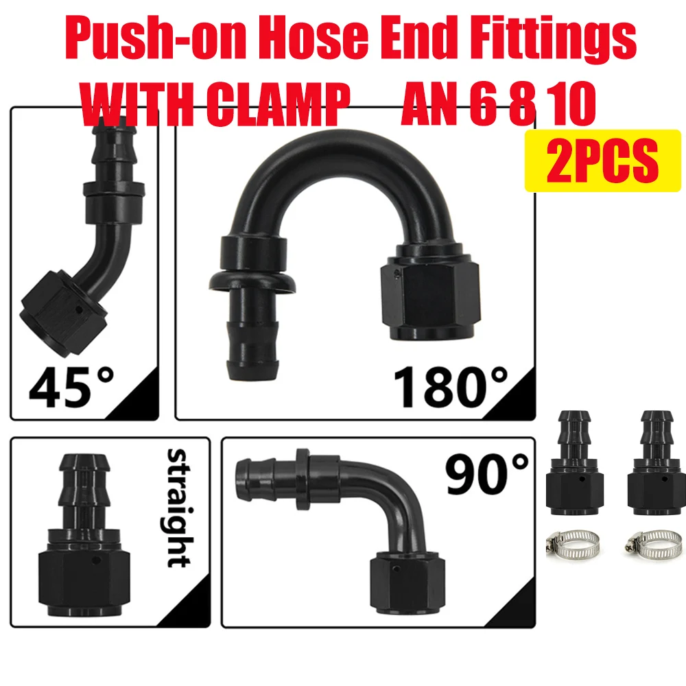 2PCS AN6 AN8 AN10 Push-on Hose End Fitting Fuel Oil Cooler Hose Fitting 45 90 180 Degree Reusable Connection Oil Hose End