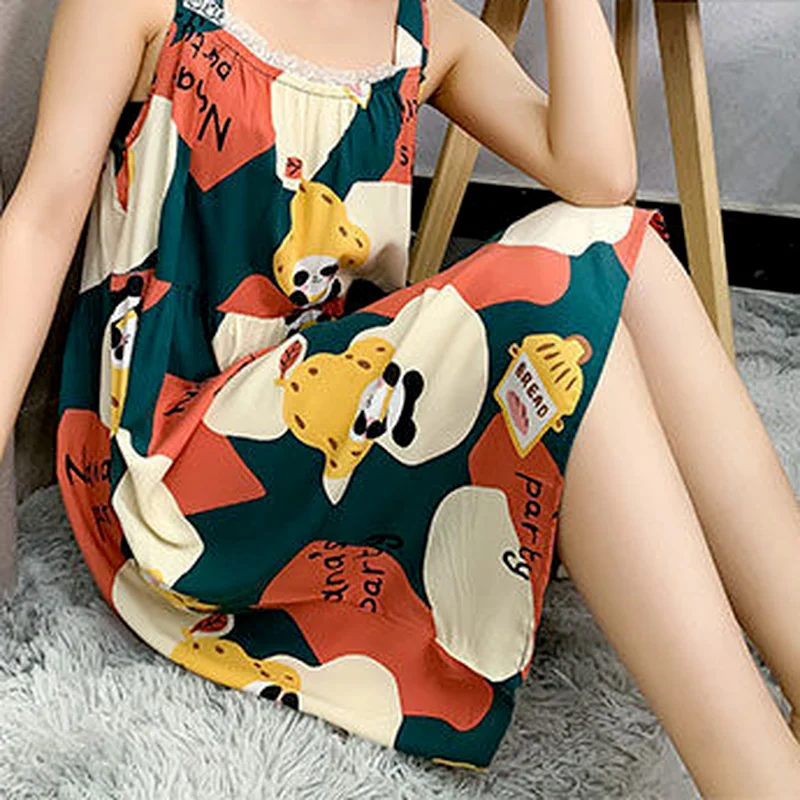 Nightgowns Women Summer Breathable Backless Cartoon-printed Leisure Sleep Homewear Girls Daily Kawaii Knee-length Large Size Ins