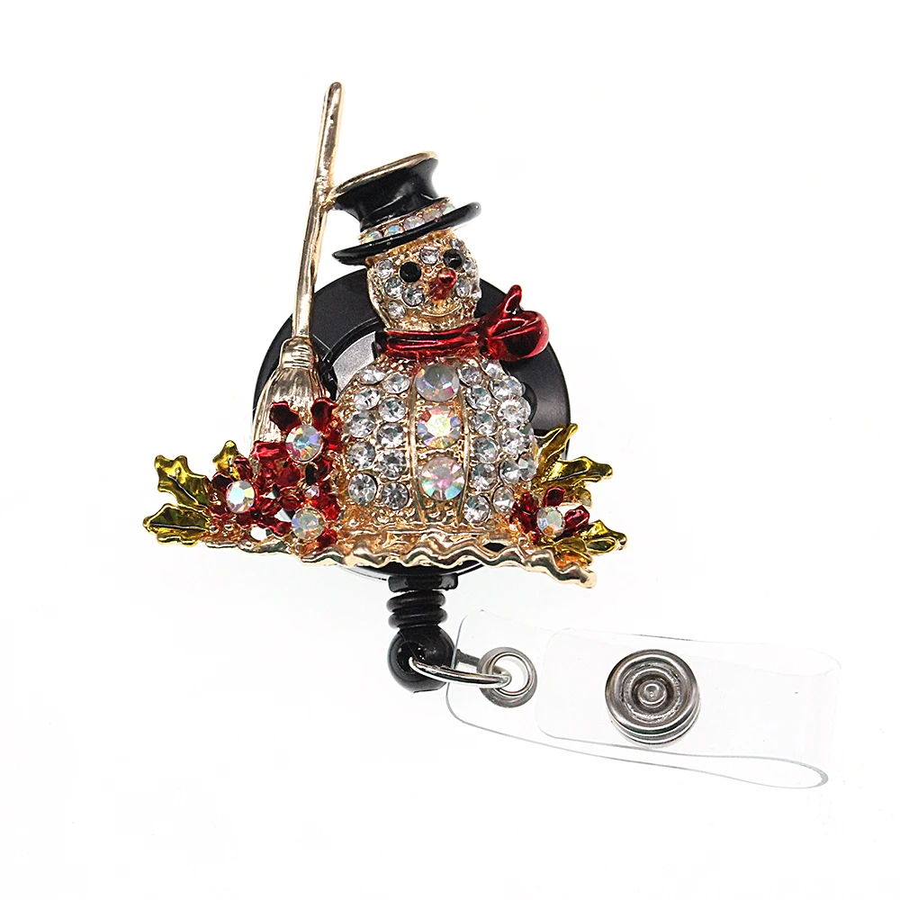 10pcs/lot Free Shipping Christmas Styles Rhinestone Snowman Badge Holder Retractable Nurse School Office Badge Reel