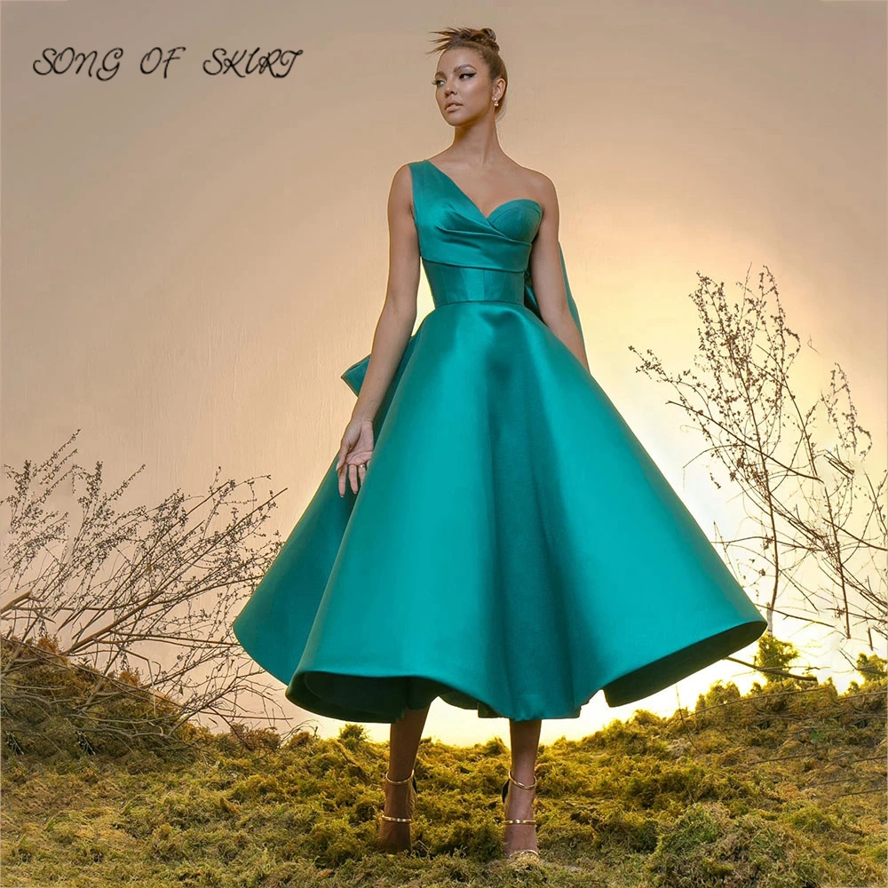 Simplicity Green Tea Length Festival Prom Dresses One Shoulder Bow A-line Women Evening Party Gown Robe De Soirée Femme