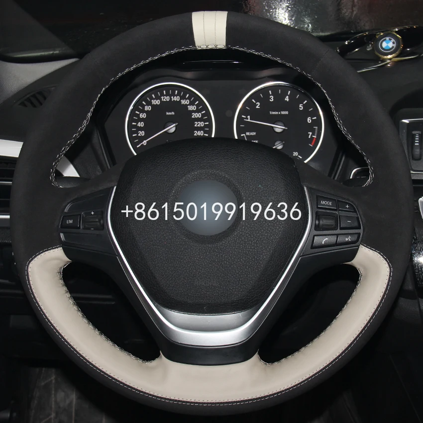 

Hand sewing custom White Leather Black Suede White Marker Car Steering Wheel Cover for BMW F30 320i 328i 320d F20