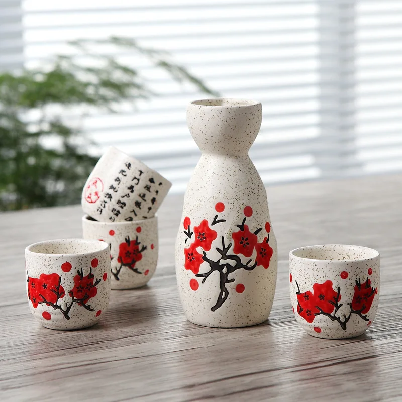 Vintage Ceramic Sake Pot Cups Set Characters Poem Japanese Cuisine Sake Bottle Spirit Pot Set with Cups