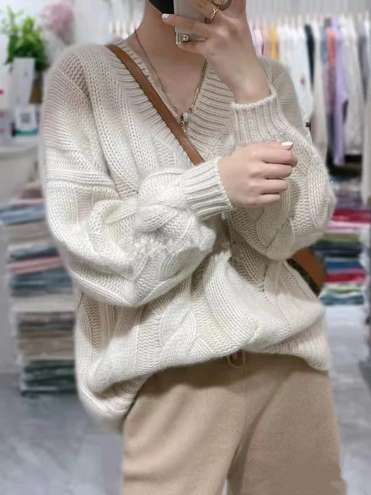 2021 soft and thick cashmere sweater women autumn and Winter Bubble Sleeve v neck loose lazy wind wool knitted sweater foundatio