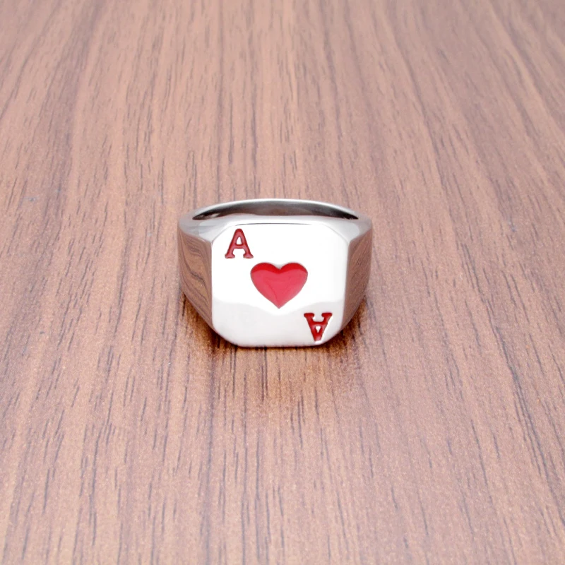 Punk Ace of Hearts Playing Cards Ring 316L Stainless Steel Men\'s Fashion Letter Red Color Epoxy A Rings Jewelry