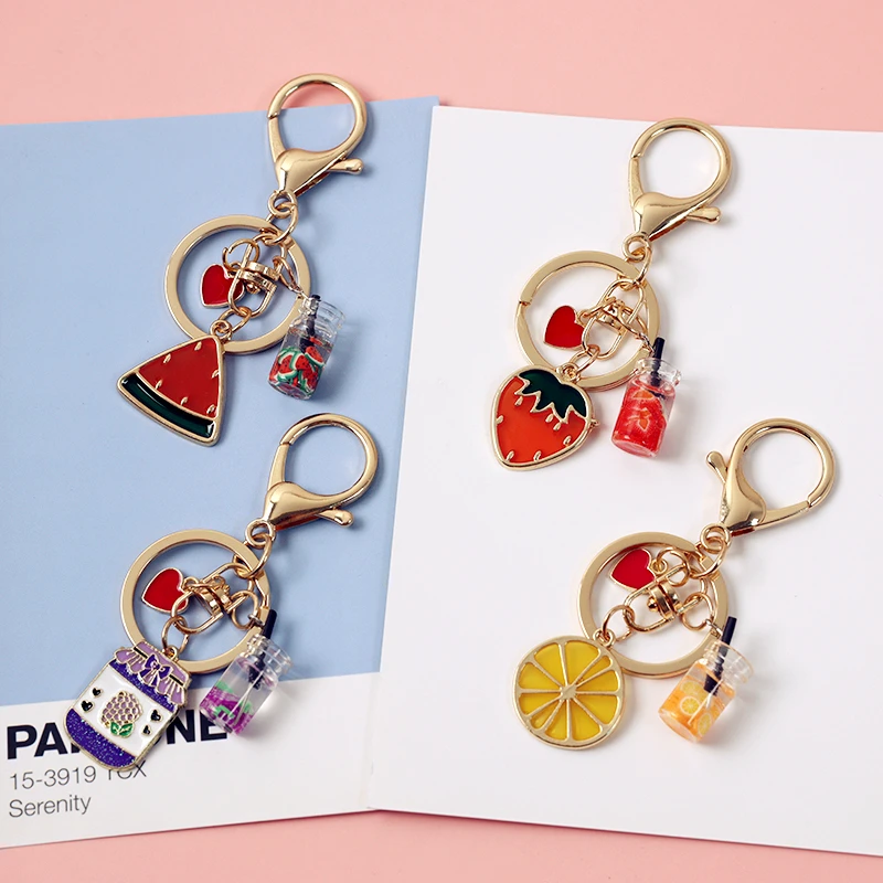 Cute Watermelon Lemon Strawberry Summer Fruit Drinks 3D Metal Keychain For Women Key Chains Ring Bag Pendent Charm D590