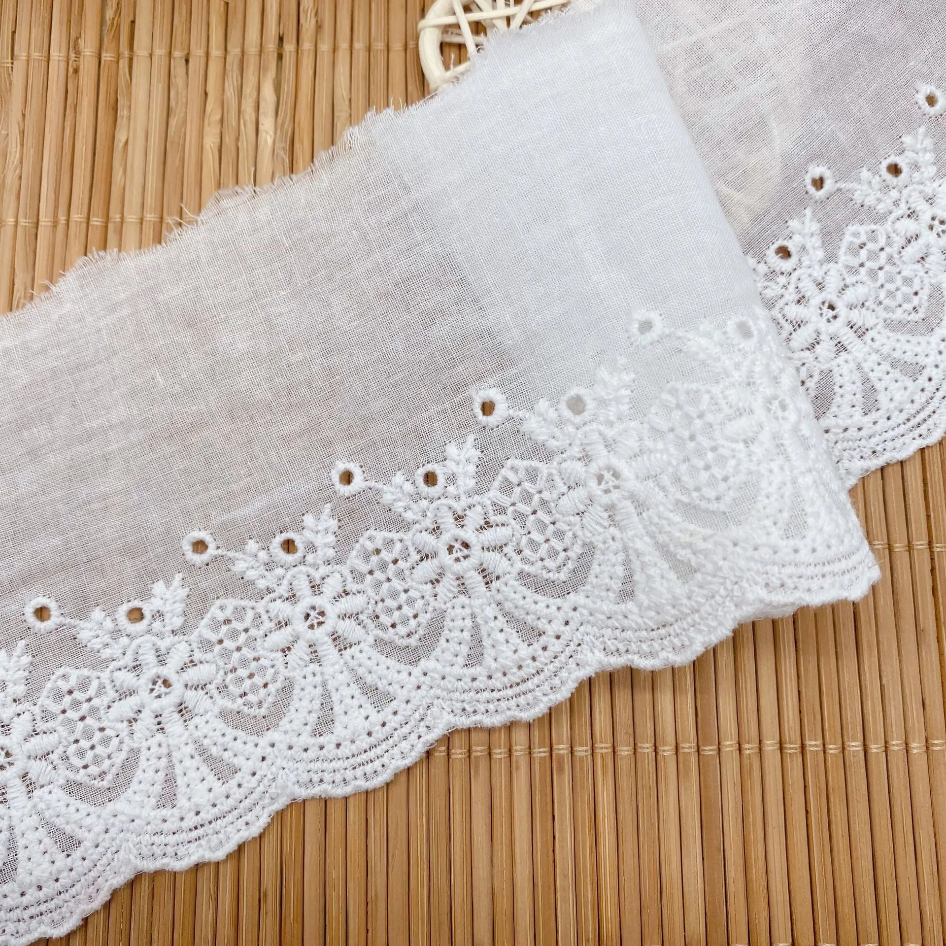 9CM Width 3Yards Hollow Embroidery Flower White Cotton Lace Fabric DIY Wedding Cloth Sewing Garment Accessories
