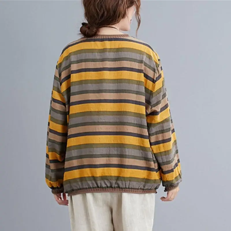 Oversized Striped Cotton Linen T Shirt Women Long Sleeve T-shirts New 2023 Autumn Tshirt Vintage Femme Loose Casual Tops Tees