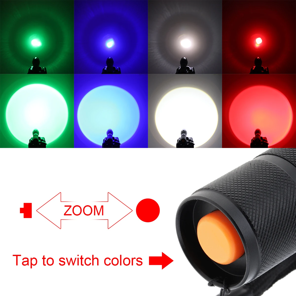 SecurityIng A100 Multi-function Strong Light Flashlight Waterproof  RGB Red Green  Blue White Light Torch for Camping/Hiking