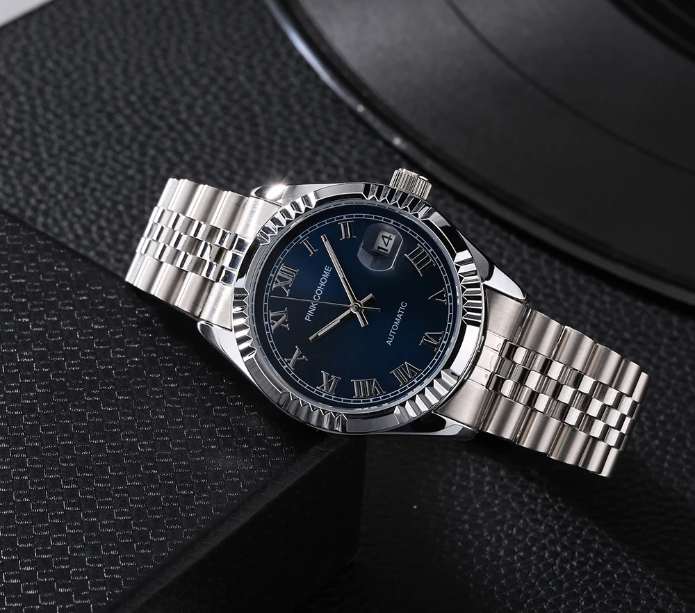 Male Automatic Watch Blue Dial Face Steel Bracelet Wristwatch Business Man Waterproof Brand Logo Mechanical Clock Mechanism