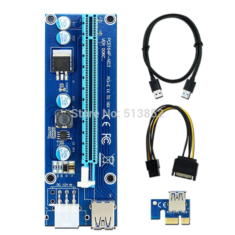 006C การ์ด PCIe Riser 1x to 16x USB 3.0 ข้อมูลสาย SATA 6Pin IDE Molex แหล่งจ่ายไฟสําหรับ BTC Miner เครื่อง PC PCI-E Express การ์ด