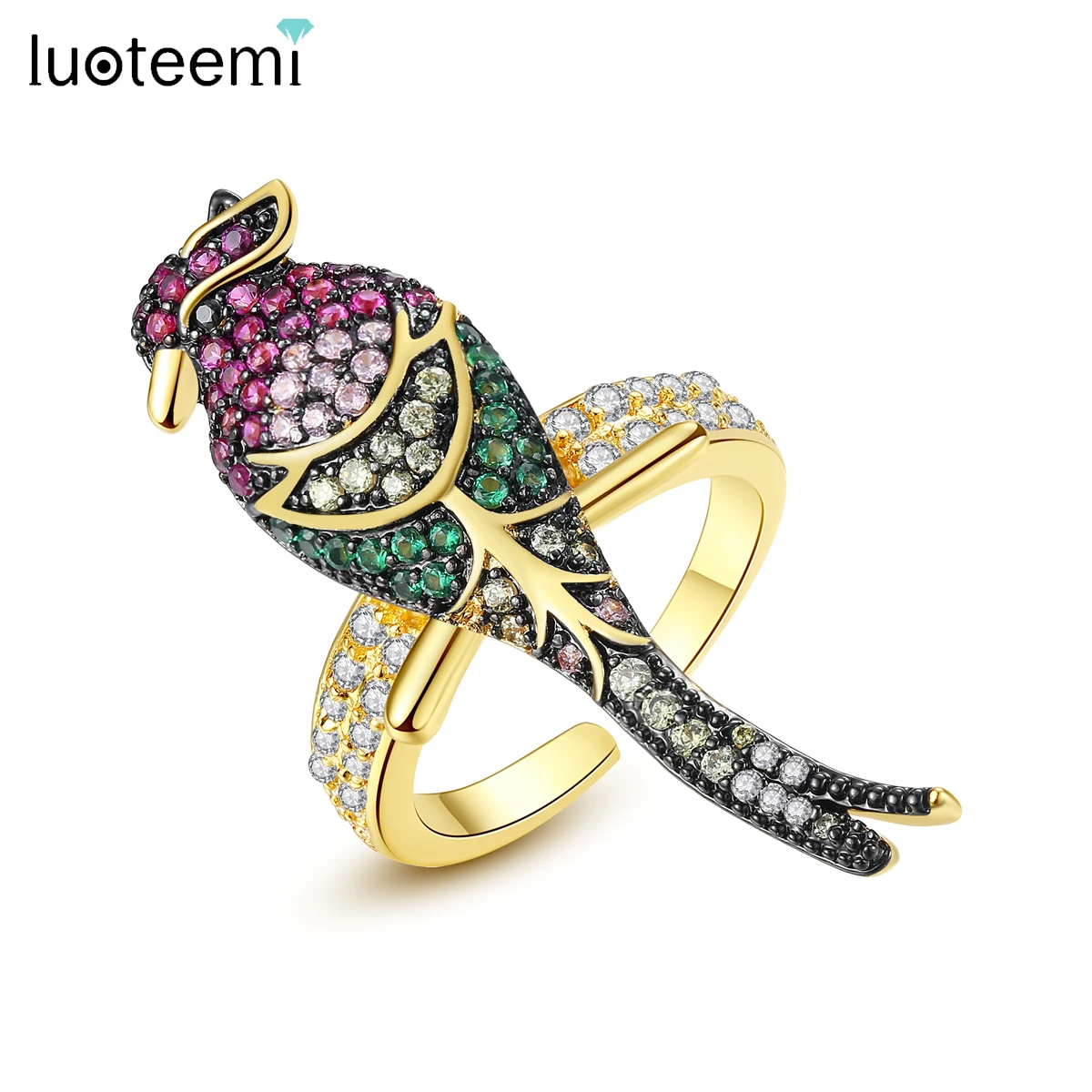 LUOTEEMI New Trendy Gold Color Multi Cubic Zirconia Paved Vivid Parrot Bird Animal Rings For Women Bijoux Jewellery Party Gifts