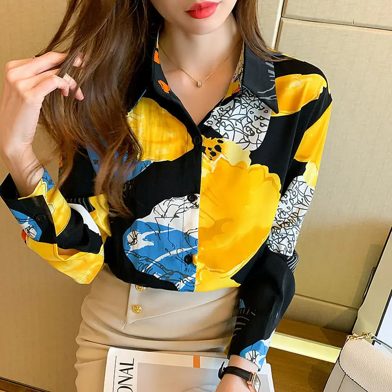 Fashion Chiffon Sring Summer Shirts Women Long Sleeve Print Korean Blouses Loose Stylish Mujer Polo-Neck Tops Blusas MM0564