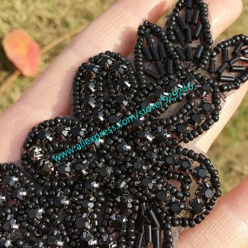 black crystal beads trims for sweaters dress ornaments fashion flower appliques hotfix motif for dress coat garments accessory