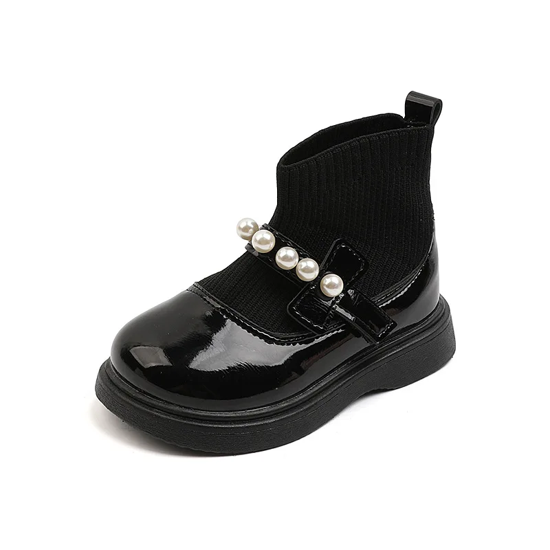 Winter Girls Plus Velvet Warm Leather Boots Student Knitting Patchwork Anti-Slip Boots Kids Pearl Soft Bottom Shoes G420