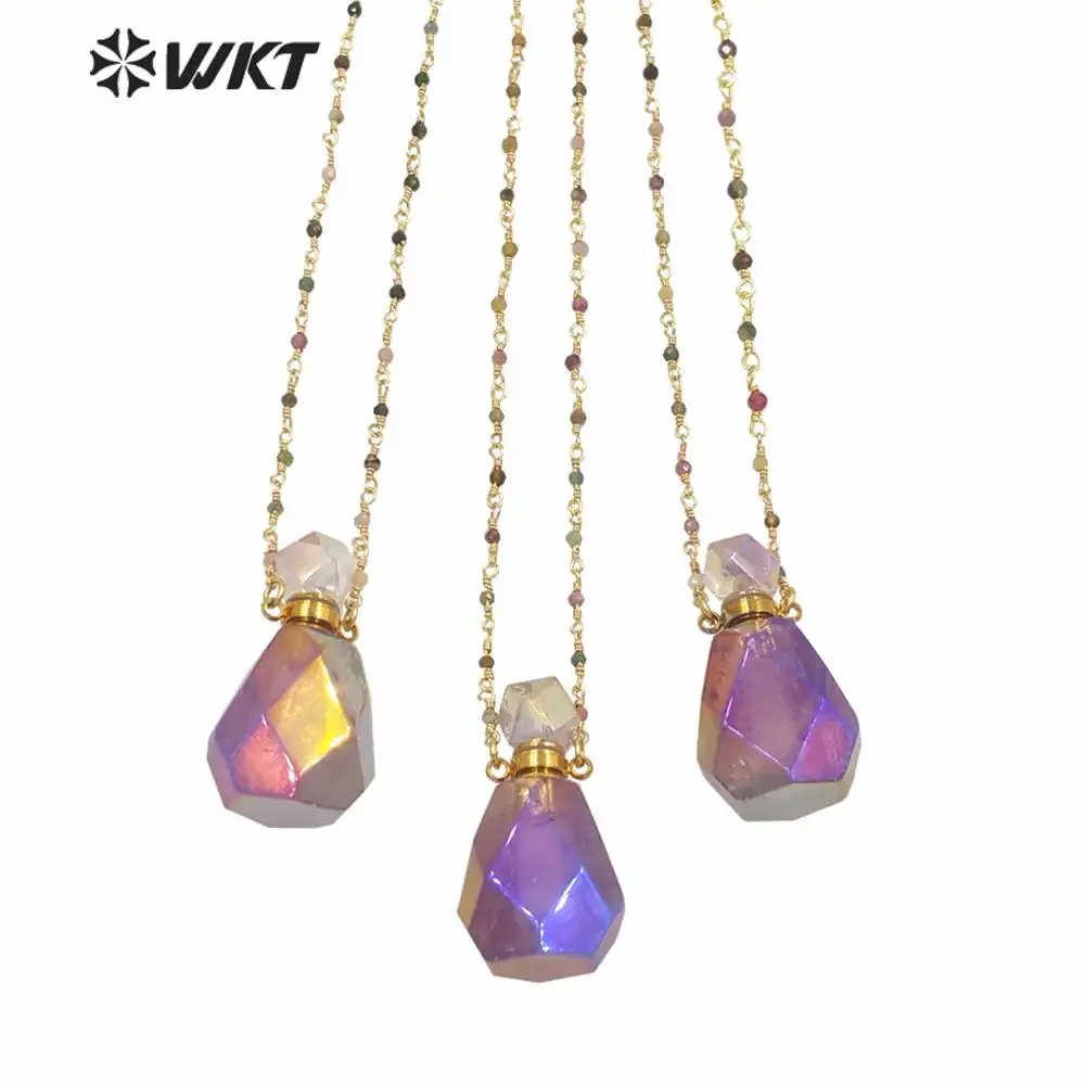 

WT-N1236 Charming purple a methyst aura spirit perfume bottle necklace with rosary chain in 18 inch girl friend birthday gift