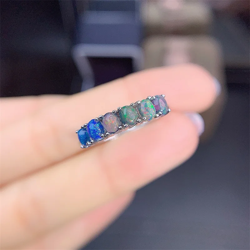 YULEM The New Natural Opal Ring 925 Silver Ladies Ring Is Luxurious and Fashionable 3*4mm 7pcs Black Opals