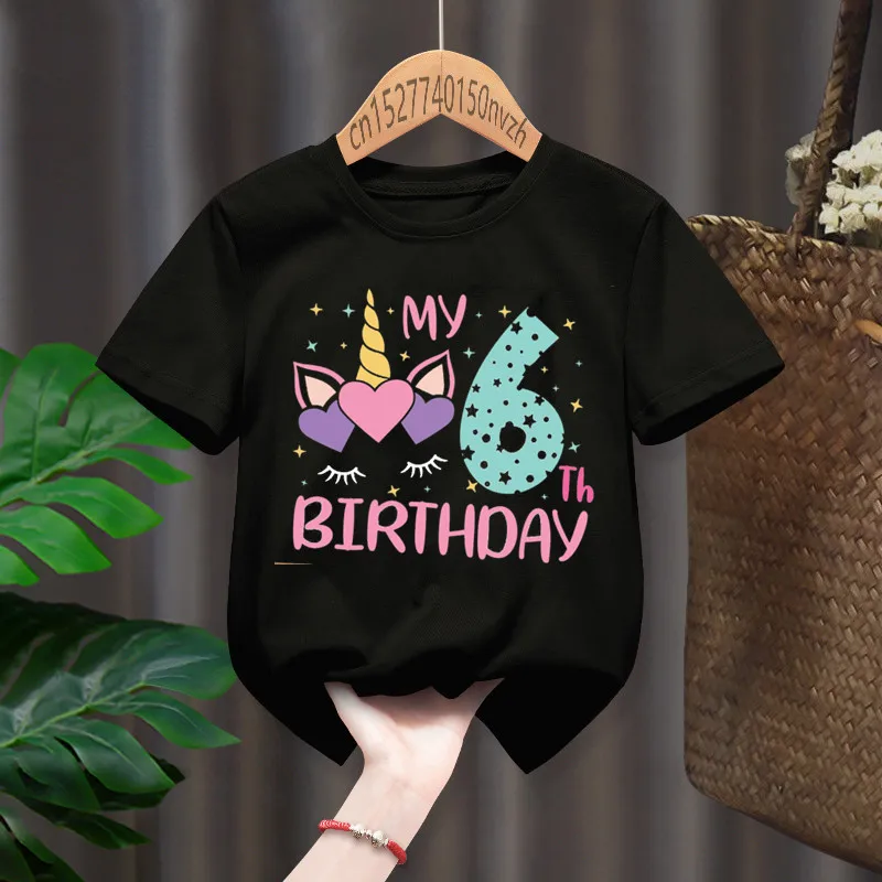 Unicorn Girl My 1-8th Birthday Number T-shirt Children Birthday Gift Present Clothes Baby Letter Tops Tee,Drop Ship