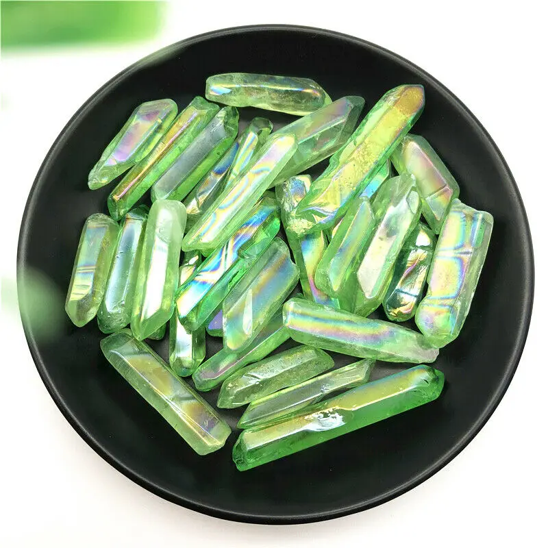 50g Electroplated Green Titanium Aura Lemurian Crystal Wand Point Healing Crystal Stone Decor Natural Stones and Minerals