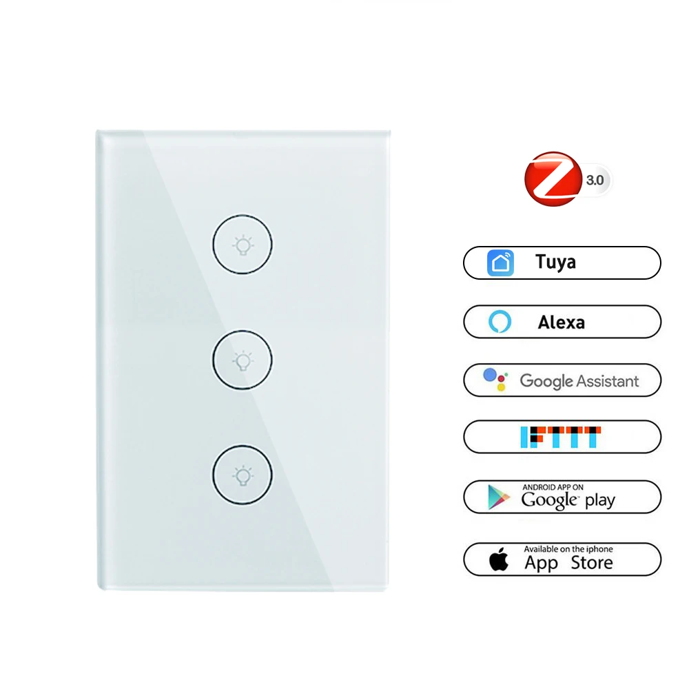 Smart Zigbee Touch Wall Glass Light Switch US Standard 120 Type 1/2/3Gang Lamp Voice Control Work with Alexa Echo Google Home