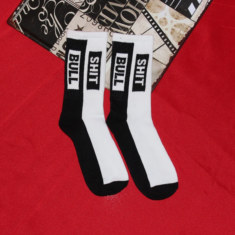 Original BULLSHIT Contrast Letter Hiphop Men Sock Street Popular Logo Skateboard Women Medium Length Sports SOCKS