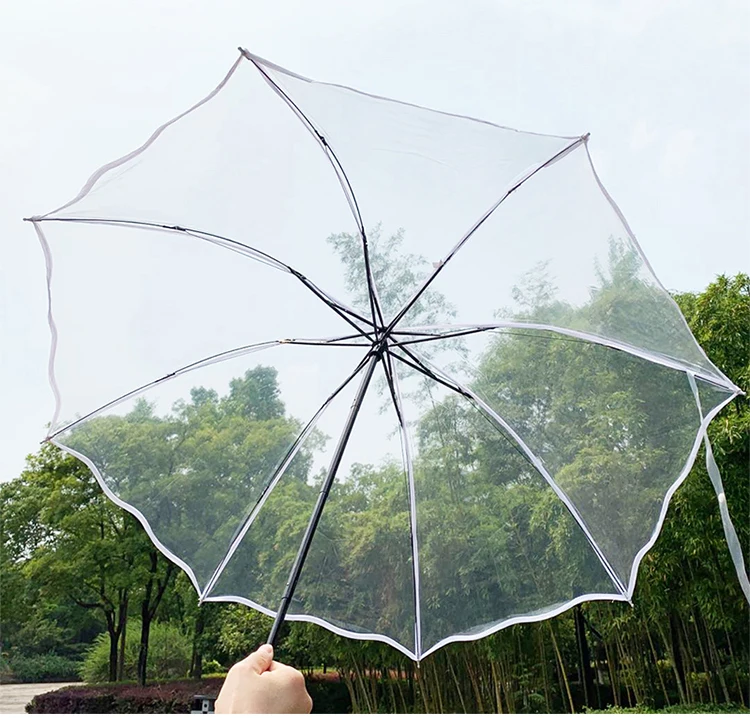 Transparent Folding Non-automatic Umbrella Men Ripple Edge Windproof Rain Umbrella Women Plastic Clear Ladies Outdoor Parasol