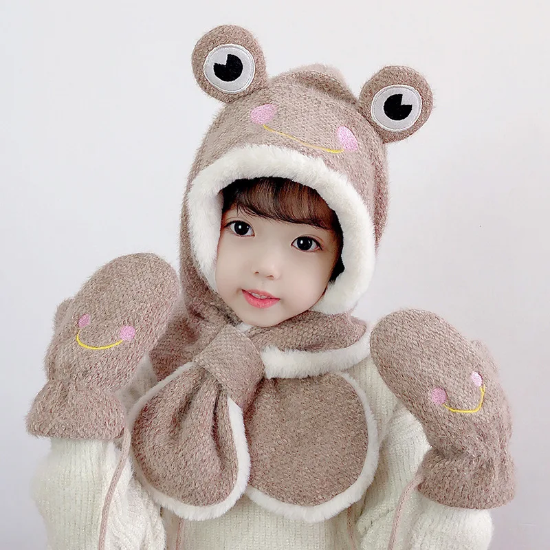 Winter Hat Scarf Gloves 2 Pieces For Children Boys Girls Gorra Winter Warm Fluffy Caps Lovely Frog Hats Scarves Gorros Invierno