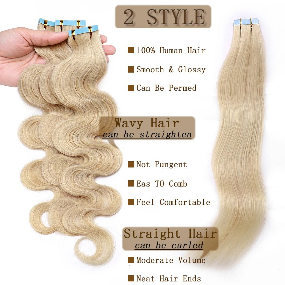 S-noilite 2g/pc Wavy/Straight Tape In Hair Extensions Glue In Real Hair Extensions Invisible Double Side 14inch Short Human Hair