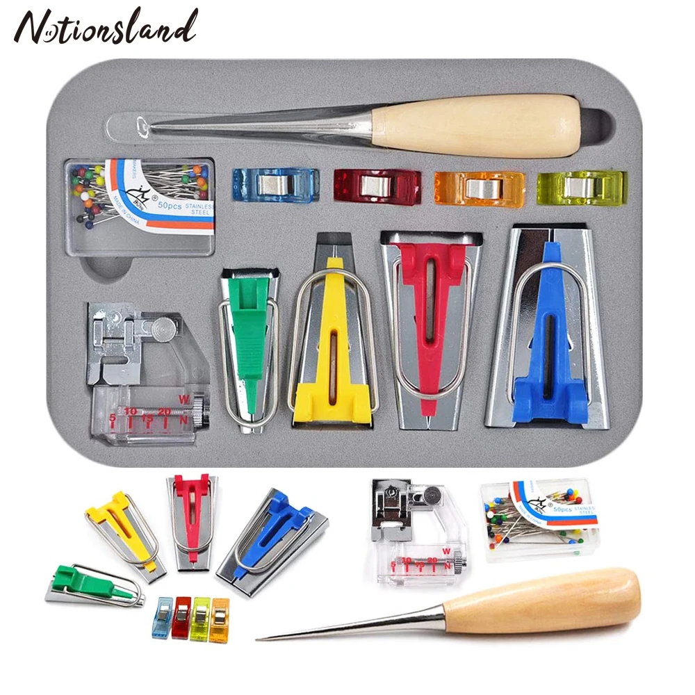 Fold Bias Tape Maker Tool Kit Set with Sewing Awl Bead Needles Plastic Clip Foot Pres for Quilting DIY Craft Sewing Tool