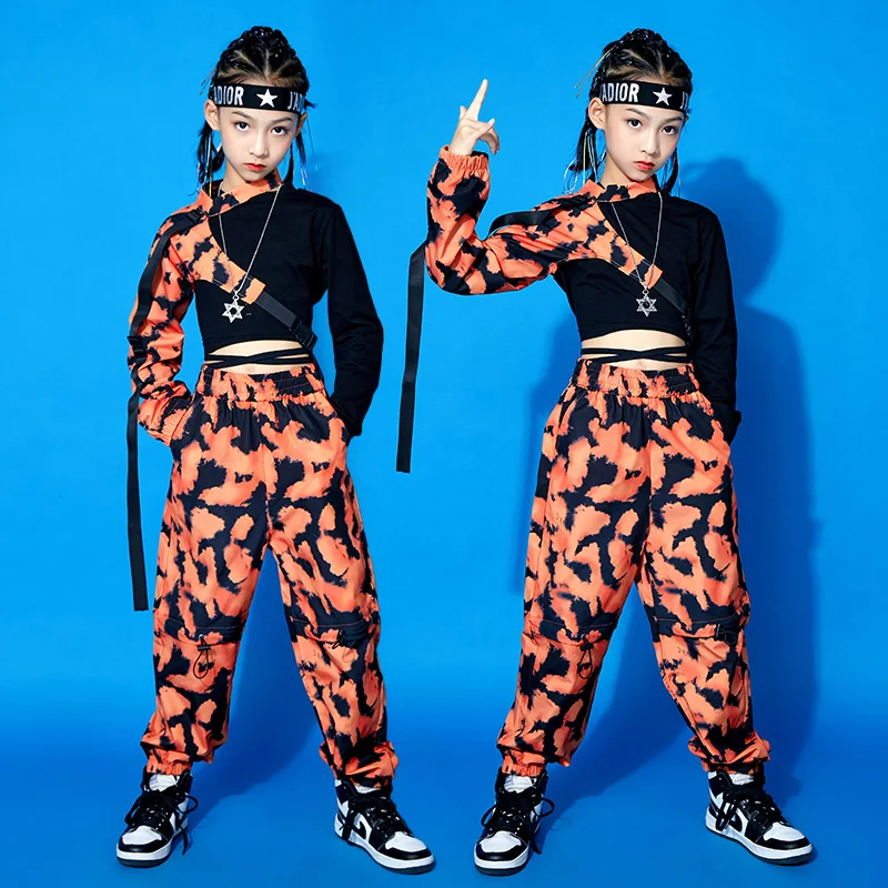 

Girls Modern Jazz Dance Clothes Hip Hop Outfits Camouflage Sleeve Pants Catwalk Street Dance Show Stage Costume Kids Wear BL7310
