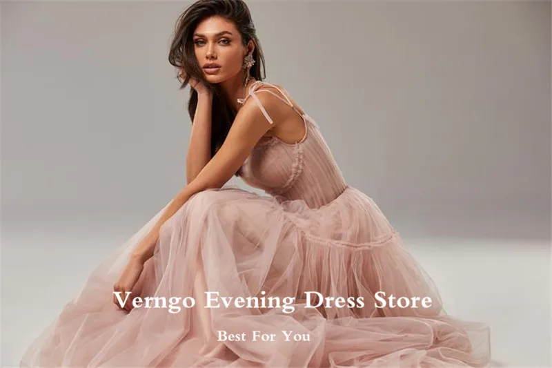 Verngo Simple A Line Dusty Blue Tulle Long Prom Dresses Spaghetti Straps Strapless Pleats Floor Length 2021 Evening Gowns