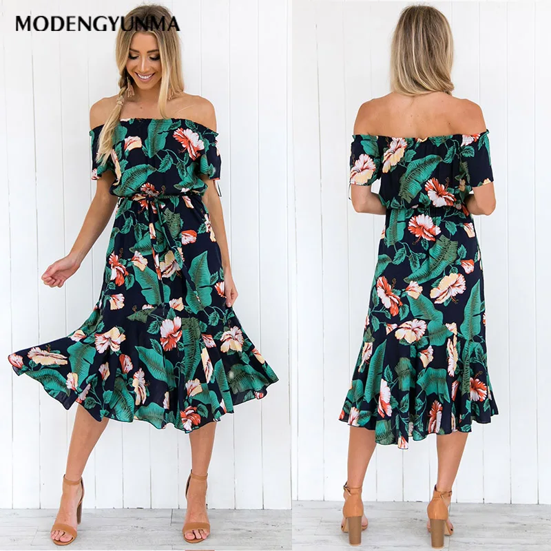 Boho Floral Print Summer Dress New High Quality Girl fashion Leaves Printing Off Shoulder Half Sleeve Dress Princess Dress Women