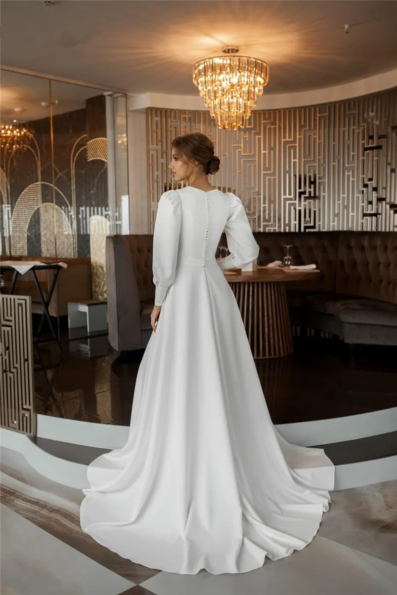 Vestido De Mariee abiti da sposa in raso morbido semplice 2023 abiti da sposa musulmani a maniche lunghe Dubai bottone posteriore Plus Size