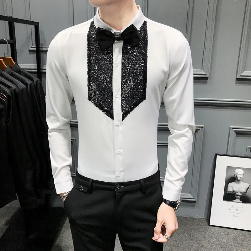 Sequins Tuxedo Shirts Men Long Sleeve Camisa Masculina 2020 Black White Casual Slim Fit Men Dress Shirts Streetwear Social Tops