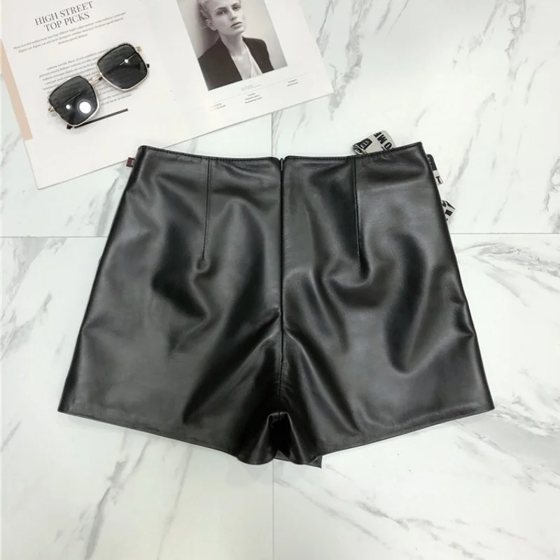 Lace Streetwear Up Ribbons 100% Genuine Leather Shorts Female Fashion Zipper Sheepskin Wide Leg Shorts High Waits Skirt Shorts