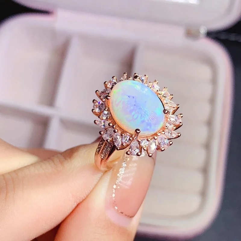 Fashion  Round Sun Flower Natural Gem Stone Ring 10*13mm Natural Multicolor Opal Ring S925 Silver Women\'s Girl Party Jewelry