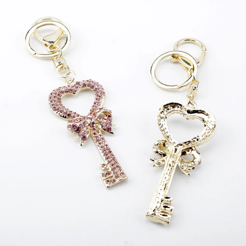 Fashion Crystal Keys Shape Charm Keychain Knot Girl Bag Pendant Key Trinket Crystal Rhinestone Heart Key Rings Llaveros Shiny