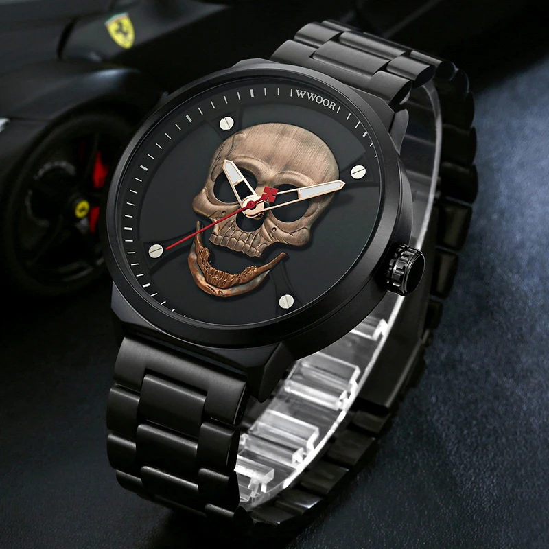 WWOOR Fashion Pirate Style Skull Watch Men Top Brand Luxury Men Waterproof Stainless Steel Quartz Wrist Watches Sports Men Clock