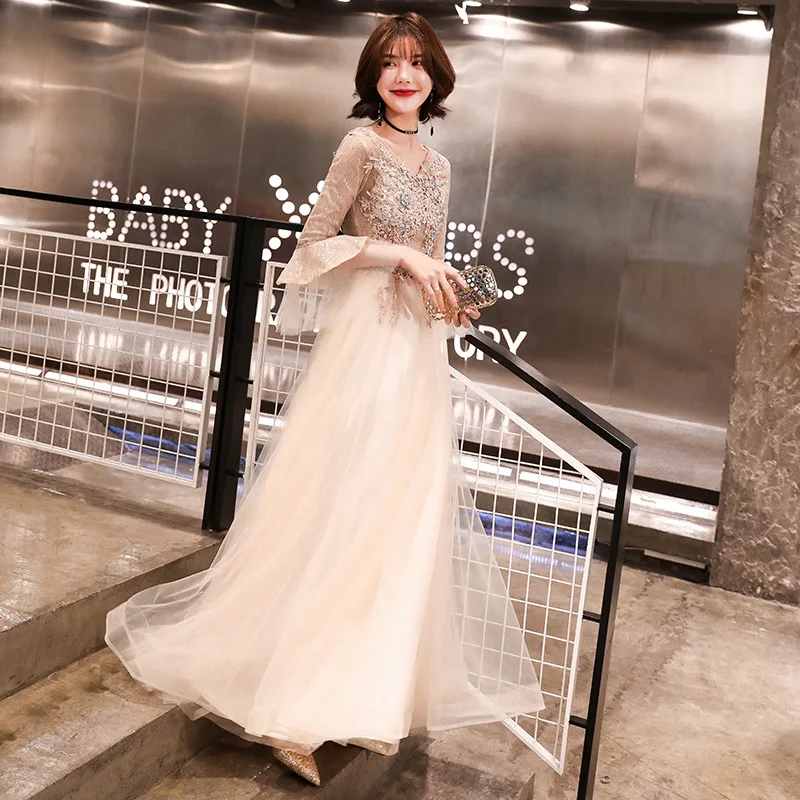 Exquisite Appliques Women Mesh Dress Floor-length Long Elegant Dress Flare Sleeve Qipao Robe De Soiree