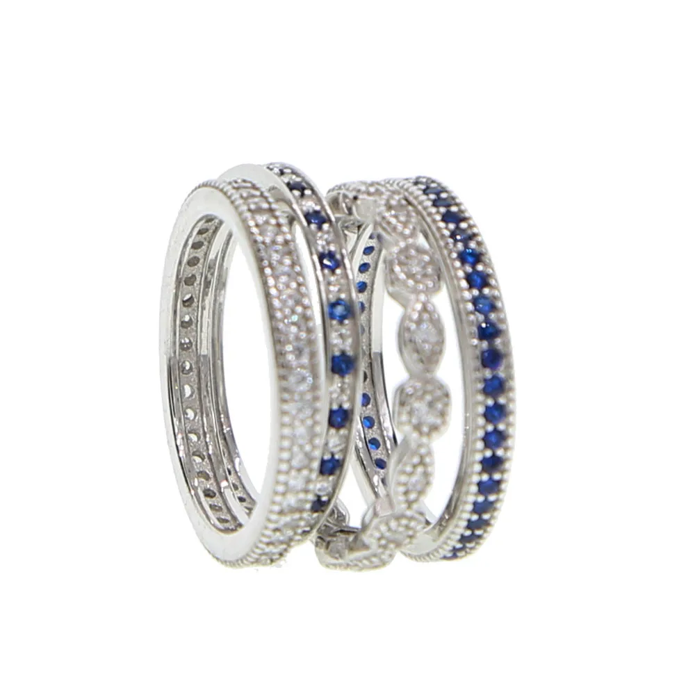 High Quality Clear Blue Cubic Zirconia Engagement Band 4 Pcs Stack Stackable Women Finger 925 Sterling Silver Eternity Cz Ring