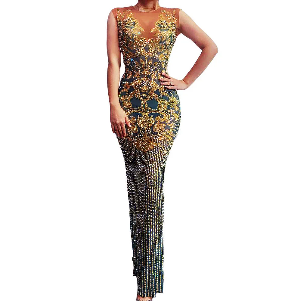 

Retro Pattern Printing Sleeveless Long Women Dresses Sparkling Diamonds Tigth Stretch Split Dressy Teams Catwalk Stage Wear