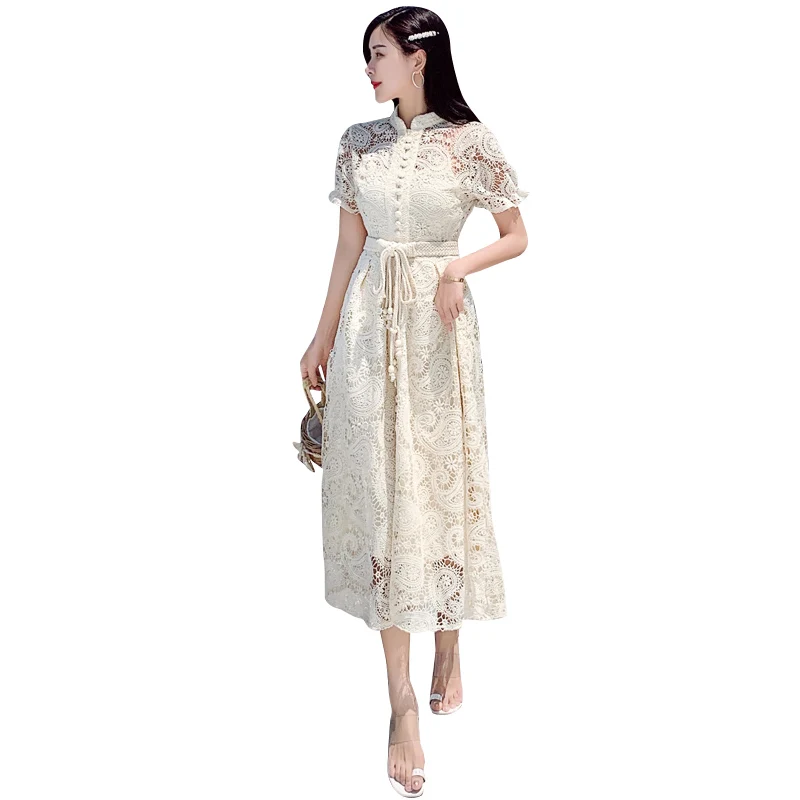 A-Line Embroidery Lace Spring Party Short Sleeve 2021 Dress Runway Elegant Dresses Women Vintage High Waist Boho Autumn Vestido