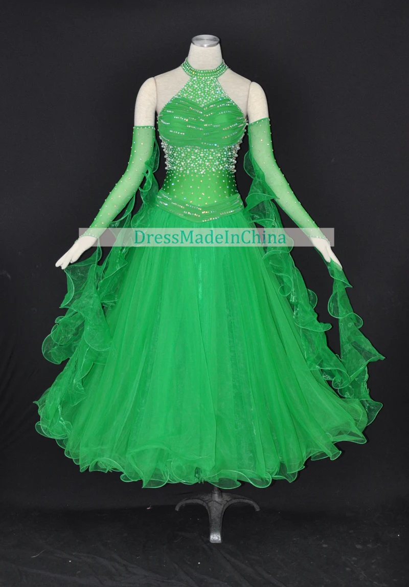 Vestidos de dança de salão de baile verde novo estilo feminino halter estilo sem costas flamenco valsa vestido de dança de salão