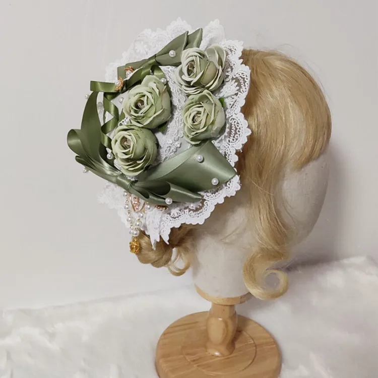 Sweet Lolita Handmade Headdress Top hat Party lace Rose Flower Bow Pendant Hair Clip Hat Elegant Flat Cap