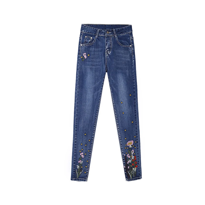 Women Jeans Woman Push Up High Waist Stretch Skinny Pencil Denim Pants Spring Summer Mom Blue Floral Embroidered Trousers