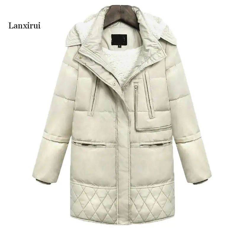 Lanxirui-chaquetas de lana para mujer, abrigo largo acolchado de algodón, Parkas delgadas con capucha, chaqueta cálida, ropa de exterior, Invierno