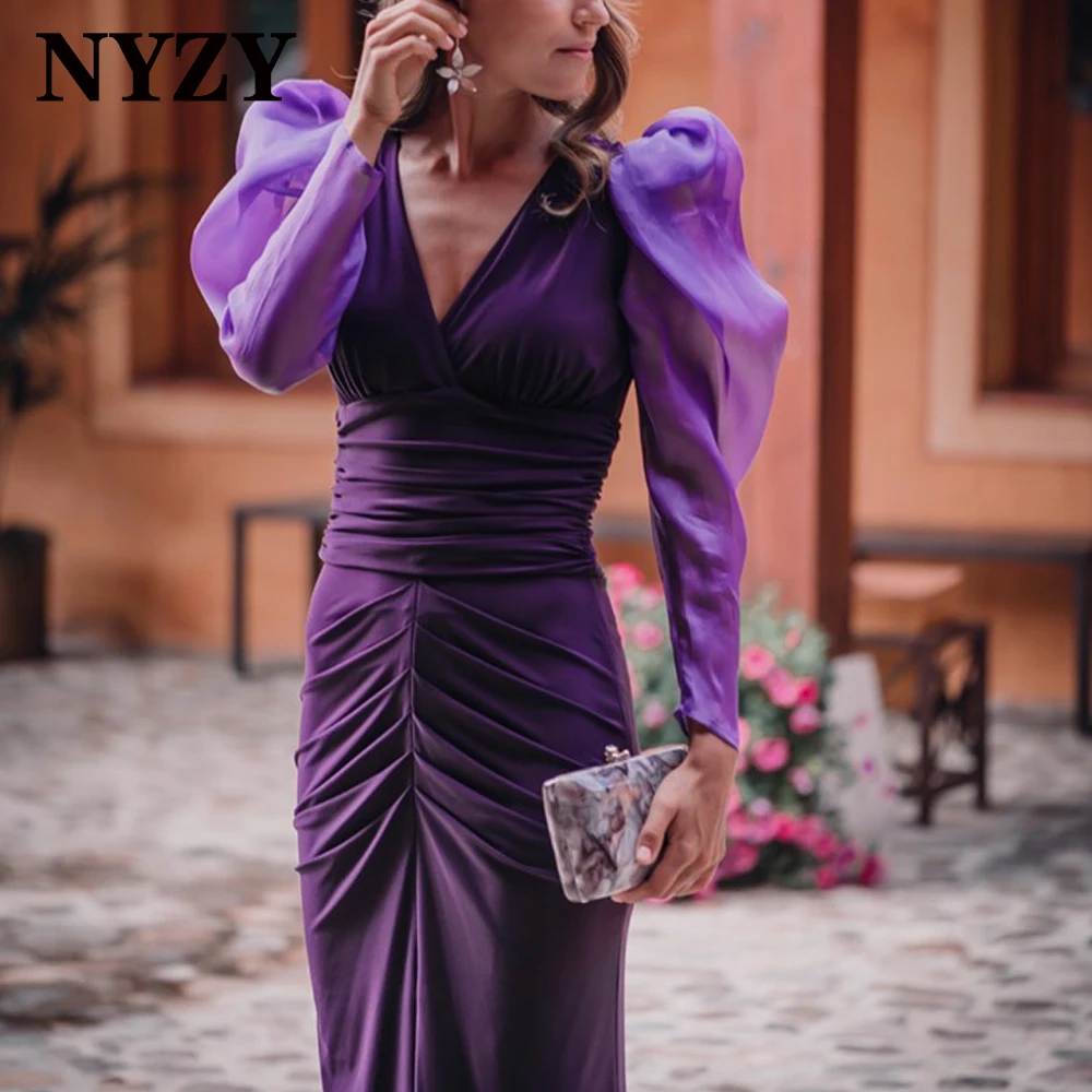 NYZY-Falda elegante con abertura C314, manga larga, vestido de cóctel púrpura, vestido Formal largo hasta el té, fiesta, Homecoming, graduación, 2021