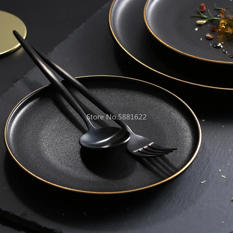 Tableware Ceramic Dinner Plate Set Dish 8/10 Inch Porcelain Cute Dessert Plate Dinnerware Black Frosted Steak Plate