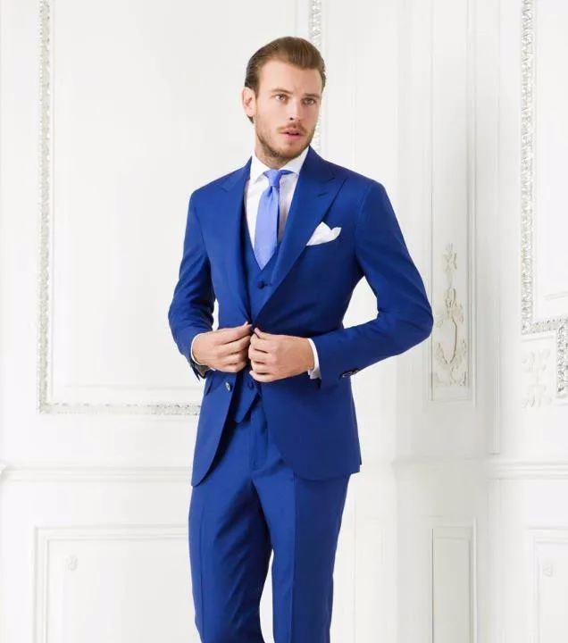 

JELTONEWIN Royal Blue Men Suits Peaked Lapel Groomsmen Blazer Men's Tuxedos Groom Wedding Suits 3 Pieces Set Jacket Vest Pant