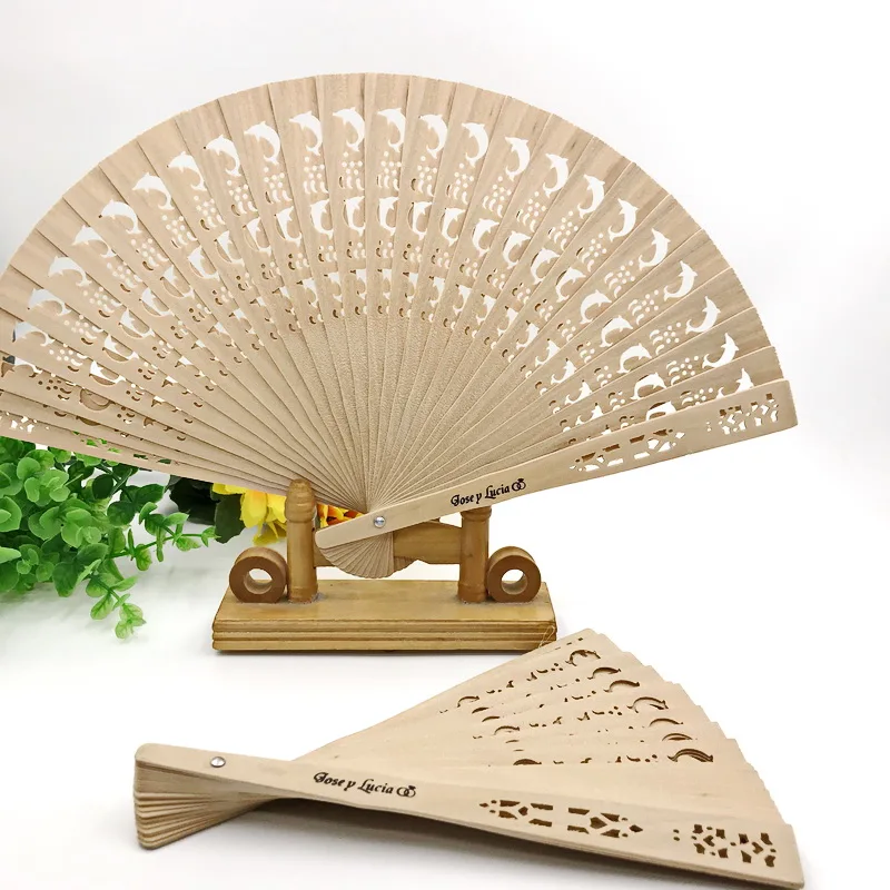 80PCS Wedding Sandalwood Fan Hollowed-out Dolphin Design in Organza Bag Custom Printing Text Wood Fan Perfect For Party Decor